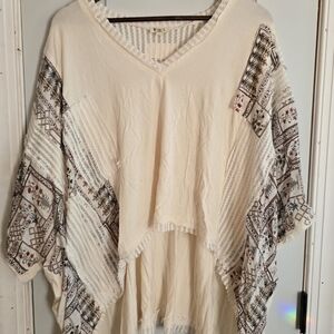 Bohemian Cream Poncho with Patterned Sleeves